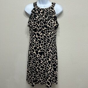 Enfocus Studio Giraffe Print Ruffle Neck Sheath Dress Black Tan Size 8